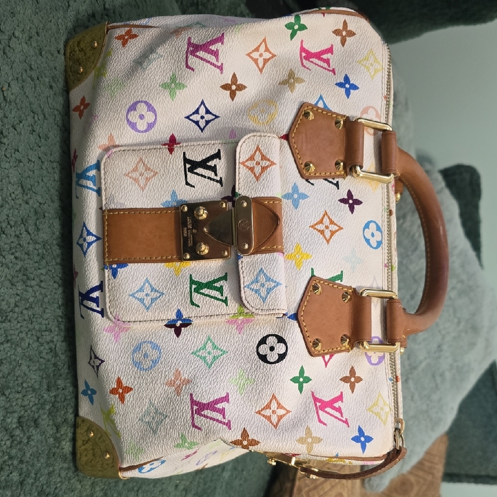 Louis Vuitton White Murakami Multicolor Monogram Satchel with Tan Leather Trim